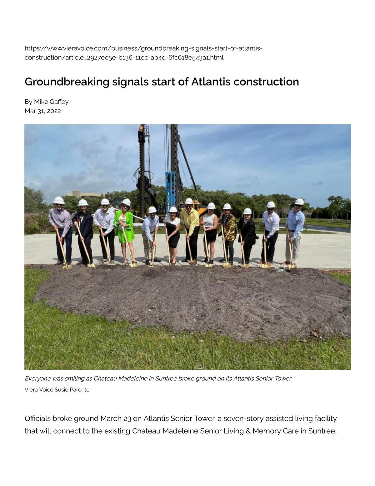 Groundbreaking signals start of the Atlantis Senior Tower Assisted ...