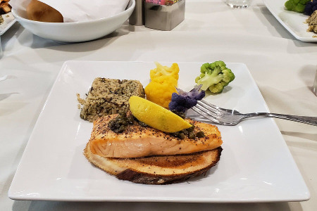 baked salmon with rice and vegetables