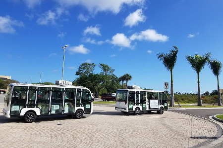Two trams driving on road